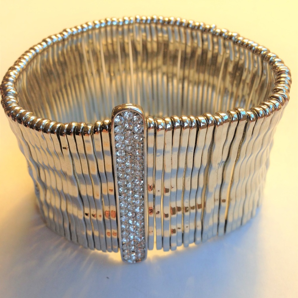 Silver and Rhinestone Wide Stretch Bracelet